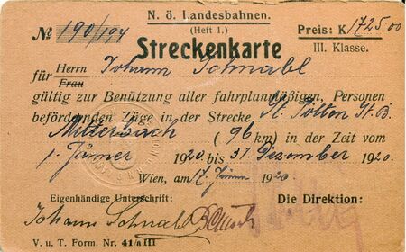 Streckenkarte des Johann Schnabl für das Jahr 1920