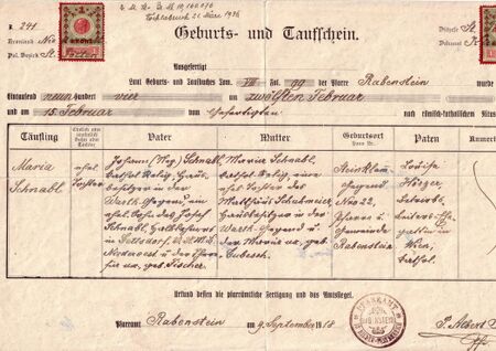 Geburts- und Taufscheien Maria Schnabl